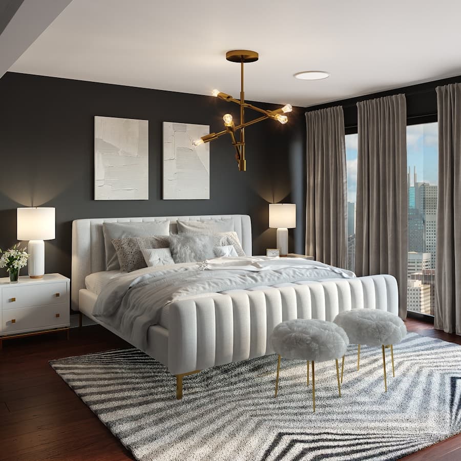 Luxury bedroom with warm lighting and modern decor