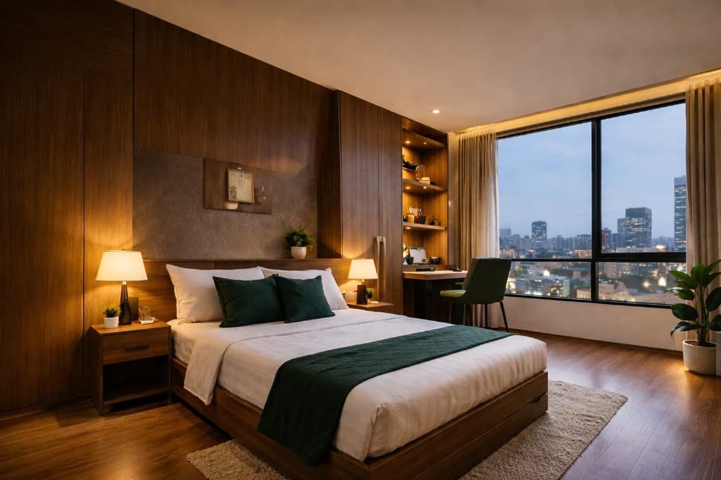 Luxury furnished bedroom with wood panelling, deep green accents, warm lighting, and a city skyline view at dusk